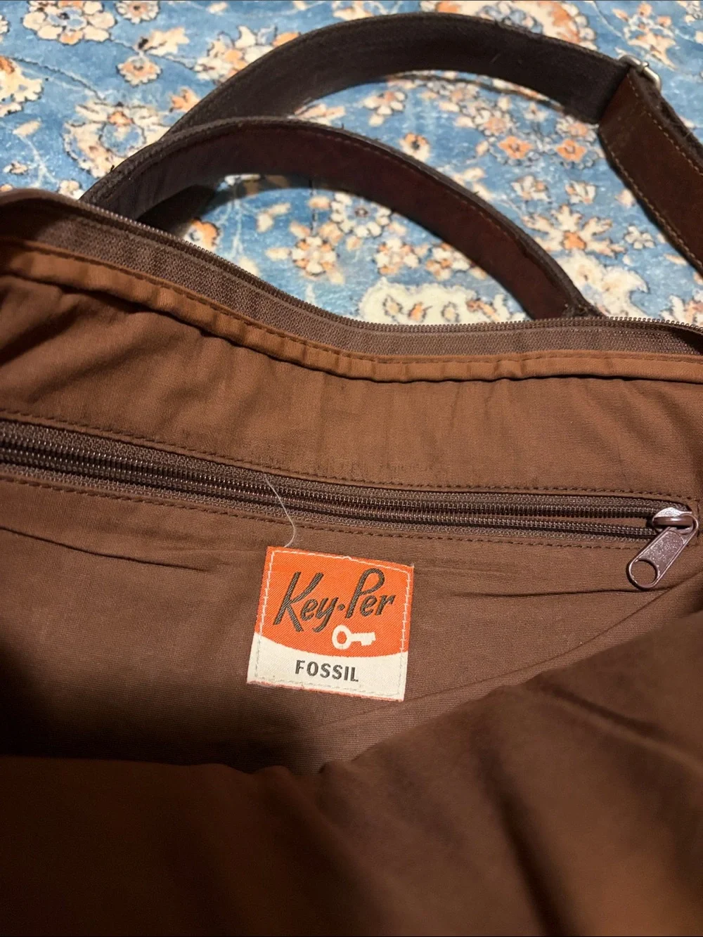 Fossil Brown Leather Laptop Messenger with Floral Stitching